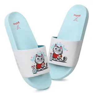 YOHO Big Bang Theory 003 Sliders for Women | Quirky Character Print | Lightweight Sky-Blue EVA Sole | Cushioned All-Day Comfort | White - UK 6