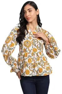 THE DRY STATE Off White Yellow Floral Print Bishop Sleeves Peplum Top