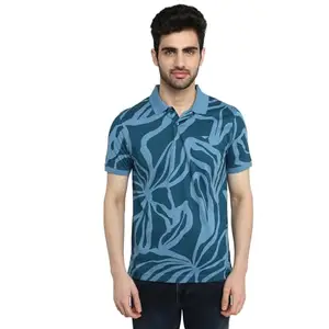 Park Avenue Men Slim Fit Print Pattern Cotton Polyester Blend Half Sleeve Polo Neck Casual T-Shirt Blue