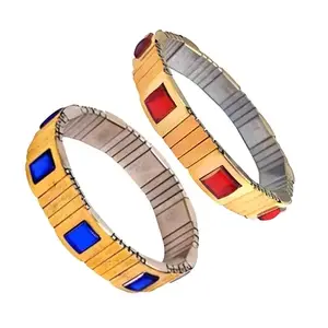 Bracotive Golden Bio Magnetic Bracelet | Pack of 2 | For Men | 6 High Power Magnet | Stretchable Chain | Water Proof | Gift For Parents | Gift For Husband | MultiColour Diamonds | 18CM Wrist Size (Red)