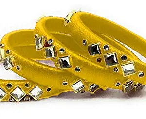 JANVIKA NOVELITY Hand Made Silk Thread Bangles Plastic Base Metal Pearl Bangles (Yellow) (Pack of 18) (Size-2/0)