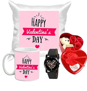 Relish Black Analogue Watch & Happy Valentine's Day Printed Coffee Mug & Cushion, Heart Shape Gift Box with Teddy & 3 Rose