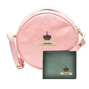 YOUR GIFT STUDIO : Classy Leather Customized Chained Sling Bag Round + Men's Wallet Peach Green