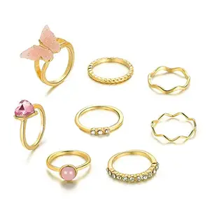 Jewels Galaxy Jewellery For Women Gold Plated Pink Stone Studded Butterfly Stackable Rings Set of 8 (JG-PC-RNGR-986)