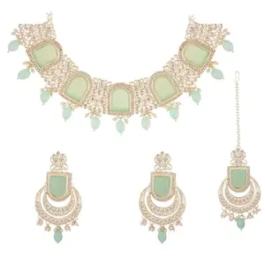 Amazon Brand - Anarva Crystal Mintcolor Stone Faux Pearl Choker Necklace Chandbali Earrings with Maang Tikka for Women