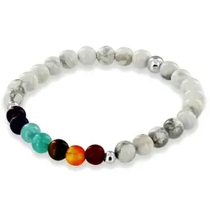 Lady Works Natural 7 Chakra Stone & White Howlite 8mm Round Shape Smooth Cut Beads 7 Inch Stretchable Bracelet For Men & Women. Unisex Bracelet For Healing, Meditation, Prosperity & Luck|LW_BRST_00115_7.0