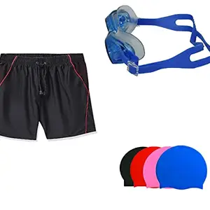 I-SWIM SWIMMING SHORTS V-216 BLACK RED PIPING SIZE 3XL WITH GOGGLES SILICON JOINTLESS WITH BOX BLUE AND 100% SILICONE SWIMMING CAP PLAIN BLACK