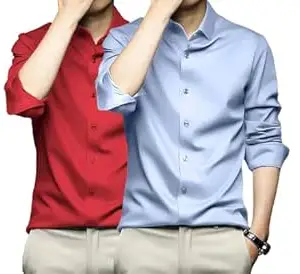 DEELMO Combo of Men's Stylish Solid Satin Casual Shirt for Men Full Sleeves| Poly Satin Silk Shirt Pack of 2