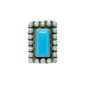 JSAJ LONG RECTANGLE SHAPE RING WITH MULTI COLOR TURQUOISE AND PEARL STONE IN 925 STERLING SILVER