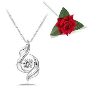 Peora Silver Plated American Diamond Studded Pendant Valentines Gift for Women & Girls with Red Rose