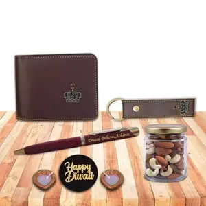 SAVRI Diwali Gifts Combo Set for Men - Leather Wallet & Keychain with King Charm, Metal Pen with 'Happy Diwali' Engraving – Ideal Executive Gift for Husband, Father, Brother, Male Colleagues. (Brown)