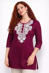 Women Rayon Embroidered Straight Kurti Top | Floral Thread Work | 3/4 Sleeve Casual Office Wear Tunic for Jeans & Leggings