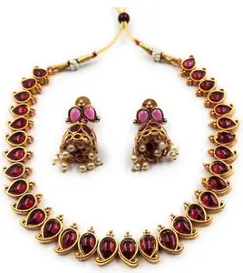 V FASHION JEWELLERY Gold Plated Maroon Necklace Set For Women And Girls