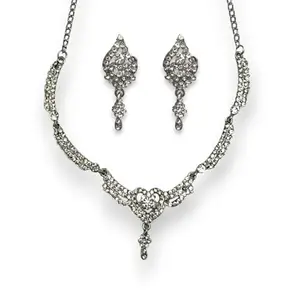 ACCESSHER Silver-Toned American Diamond Studded Necklace Set | Heart-Shaped Choker Set for Women with Earrings | Jewellery Set Latest Fancy Design for Women & Girls (Design 1)