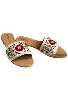 Kiana House OF Fashion Kiana Women's Beige Synthetic Embroidered Round Shape Flip Flops-KICH002-BG-40