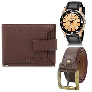 LOREM LOREM Mens Combo of Watch with Artificial Leather Wallet & Belt FZ-LR52-WL09-BL02