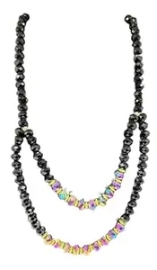 Double Layer Crystal Necklace with Black Beads, Rainbow Crystal Accents, Gold Cord, Fashion Jewellery