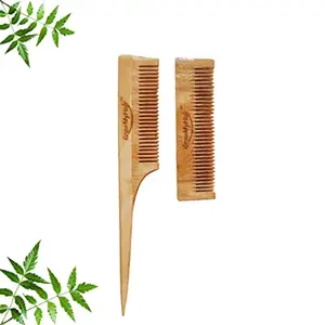 GrowMyHair Neem Wood Comb Anti-Bacterial Anti Dandruff Comb for All Hair Types, Promotes Hair Regrowth, Reduce Hair Fall (Set of 2, Long Tail, Pocket Comb)
