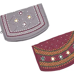 SriAoG Handicrafts Mini Women Wallets Combo for Ladies | Women Gift Items for Birthday Special | rakshabandhan Gifts for Sister Latest (6.5 inch Small Pouch Grey Maroon Two Fold)