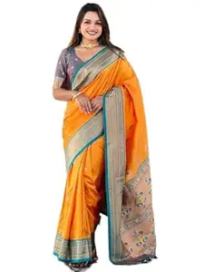 Zivanshi Weaves Womens Silk Blend Saree Featuring Small Peacock Design With Tassels On The Pallu With Blouse 5.5 Meter Saree 0.8 Meter Unstitched Blouse Piece