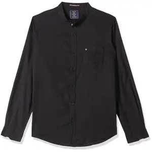 Turtle Men Cotton Lyocell Black Solid Slim Fit Full Sleeve Casual Shirt