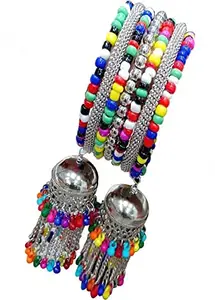 Vembley Trendy Silver Bangle Bracelet with Multicolor Beads Hanging Jhumki For Women and Girls