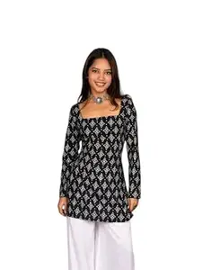 Women's Black Printed Tunic Top, Long Sleeve, Square Neck, Ethnic Floral Pattern