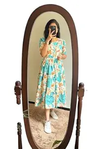 Brown Floral Print Dress, Short Sleeve, Fit and Flare Style, Knee Length, Cotton Blend