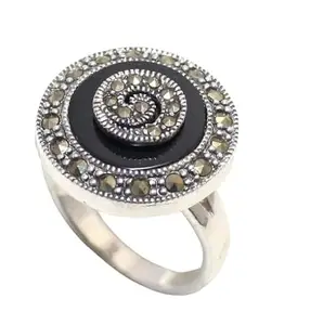 Rajasthan Gems Ring Silver 925 Sterling Women Natural Black Onyx & Marcasite Gem Stone Handmade Gift G197