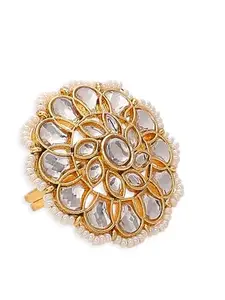 OOMPH Jewellery Gold Kundan Jadau Ring - Ethnic Floral Design Adjustable Free Size for Women & Girls Stylish Latest (RSA13_AMR1)