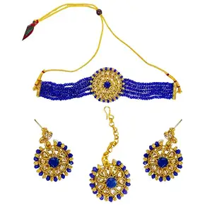 Alloy Gold-Plated Blue Beaded Choker Necklace Set with Earrings & Maang Tikka, Traditional Stylish Ethnic Jewellery, Wedding Necklace Set for Women & Girls, Gift Jewellery Set