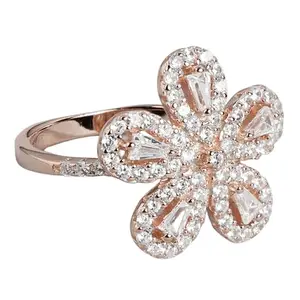 ZAVYA 925 Sterling Silver Fascinating Cubic Zirconia Floral Studded Rose Gold Plated Ring | Gift for Women and Girls | With Certificate of Authenticity and 925 Hallmark