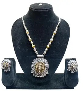 Traditional Oxidised Silver & Gold Dual-Tone Pendant Necklace Set, 45 cm Beaded Chain with Matching Earrings, Ethnic Fashion Jewellery for Women