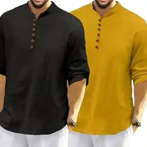 FINIVO FASHION Combo of Men’s Casual Full Sleeve Kurta Style Shirt with Button Placket, Lightweight Breathable Fabric, Regular Fit Ethnic Fusion Wear for Daily & Festive Use Pack of 2