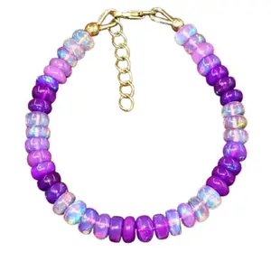 LKBEADS Gold Plated Bracelet with Multicolor Smooth Ethiopian Opal Beads – Rondelle 5-6mm – 7 inch Adjustable – For Men & Women|LK_STACK_02798