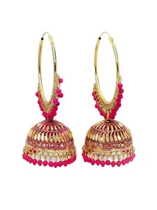 Chui Mui Oxidized Gold-Plated Pink Beaded Handcrafted Dome Shaped Jhumkas Earrings