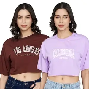 TREND LEVEL Stylish Women Crop Top with Short Sleeves |Trendy Tshirt for Office Wear/Casual Wear/Girls(Pack of 2 (Crop Tshirt TL088-TL089) Brown
