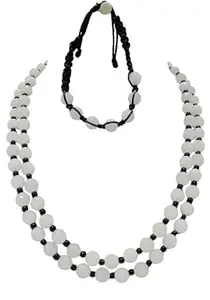 Handcrafted White Jade Beaded Necklace with Black Accent Beads, Double Strand Design, Gold-Tone Clasp