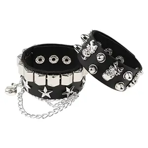 CALANDIS® Layered Gothic Skull Punk Bracelet Rivet Leather Cuff Bangle Wristband Black