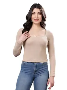 Vasper Fashion Vasper Solid Square Neck Long Sleeve Slim Fit Top/T-Shirt for Women's & Girls' (in, Alpha, L, Regular, Full Sleeve Beige)