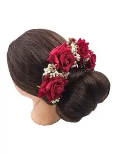 VOCALINDIA Beautiful Handmade Floral Hair Burn For Girls & Women Juda Phool| Hair Accessary for Traditional Function Set of 1 (Maroon) (Haldi, Mehandi, Wedding, Baby shower) AV-431