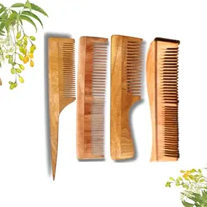 Pack of 4 Detangling Hair Comb by SASU'S 100% Authentic Neem Wood Combs for Women and Men Dual Teeth Comb | Reduce Hairfall and Dandruff | Promote Hair Growth | Handmade Neem Comb | Made in India. Premium Tail Comb, Dual Toothed Regular Comb Tail Comb, Regular Dual Toothed Comb, Premium Dual Toothed Comb, Handle Comb