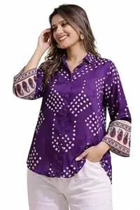 Women's Printed Shirt, Long Sleeve, Embroidered Cuffs, Collared Neck, Casual Ethnic Wear (in, Alpha, M, Regular, Red-Ajrakh)