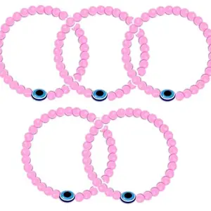 Bigwheels (Pack Of 5 Pcs Pink Plated Stretchable Elastic 8mm Moti Beads/Stone Evil Eye Nazar Suraksha Kavach Freindship Wrist Band Cuff Bracelet