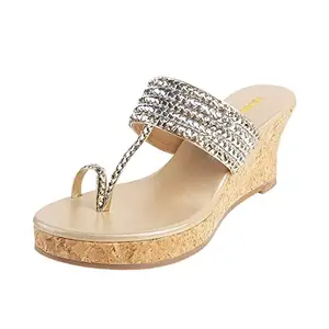 Mochi Women's Gold Synthetic Ethnic Slip Ons | Braided Design Wedge Heel Slip-On Shoes for Women | Light Weight Metallic Traditional Footwear | Fashion Sandals | Size UK 3 | Premium Ethnic Slip Ons