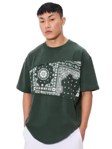 The Souled Store Meadow Men and Boys Short Sleeves Round Neck Green Paisley Printed Cotton Oversized T-Shirts