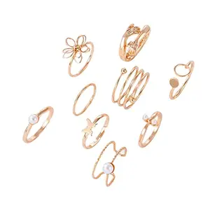 Jewels Galaxy Jewellery For Women Set of 9 Gold Plated Adjustable Hug-Floral Finger Ring (JG-PC-RNGE-984)