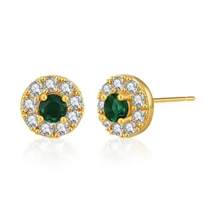 AAISHWARYA Round Green Crystal Cubic Zirconia Gold Stud Earrings | 18k Gold-Plated | Anti Tarnish & Waterproof | Women and Girls