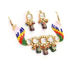 SOHI Gold Plated Kundan Beaded Necklace and Earring Set (SOHNCK2064)