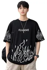 THE3377 Men's Half Sleeve Round Neck Cotton Flamme Graphic Printed Oversized Tshirt for Man